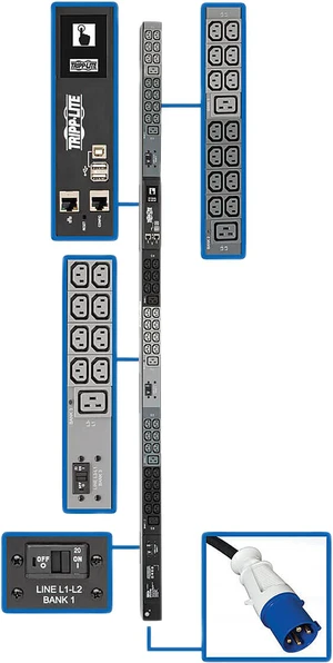 Tripp Lite 10kW 3-Phase Monitored PDU, LX Interface, 200 / 208 / 240V Outlets (42 x C13 / 6 x C19), LCD, IEC-309 30A Blue, 6.0 Feet Cord, 0U Height, TAA (PDU3EVN6G30B) Tripp Lite 10kW 3-Phase Monitored PDU, LX Interface, 200 / 208 / 240V Outlets (42 x C13 / 6 x C19), LCD, IEC-309 30A Blue, 6.0 Feet Cord, 0U Height, TAA (PDU3EVN6G30B)