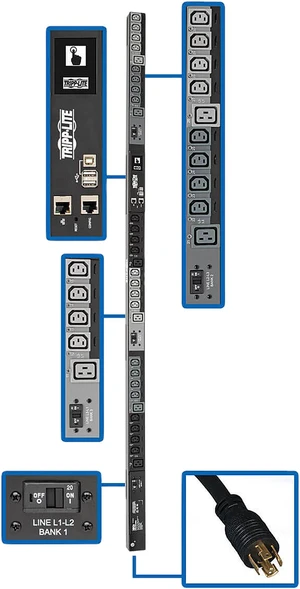 Tripp Lite 10kW 3-Phase Switched PDU, LX Interface, 200 / 208 / 240V Outlets (24 x C13/6 x C19), LCD, NEMA L15-30P, 10.0 Feet Cord, 0U Height, TAA (PDU3EVSR10L1530) Tripp Lite 10kW 3-Phase Switched PDU, LX Interface, 200 / 208 / 240V Outlets (24 x C13/6 x C19), LCD, NEMA L15-30P, 10.0 Feet Cord, 0U Height, TAA (PDU3EVSR10L1530)