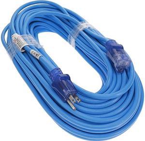 Nippon Labs 100Ft 14/3 SJTW Blue Power Extension Cord Lighted Clear Blue Plug, Water Resistant Outdoor Rated Power Extension Cable, 60POW-EXT-100BU