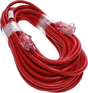 Nippon Labs 50Ft 12/3 SJTW Red Power Extension Cord Lighted Clear Red Plug, Water Resistant Outdoor Rated Power Extension Cable, 60POW-EXT-50RD
