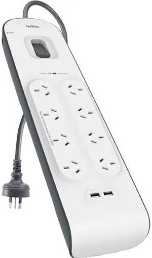 Belkin BSV804AU2M 8-Outlet 2-Meter Surge Protection Strip with Two 2.4 Amp USB Charging Ports