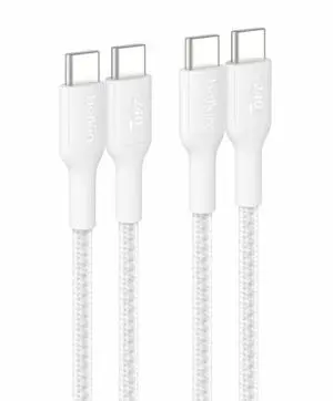 Belkin BoostCharge Pro USB-C to USB-C Braided Cable 240W - 6.6ft/2m - White - 2-pack - CAB025FQ2MWH2PK Belkin BoostCharge Pro USB-C to USB-C Braided Cable 240W - 6.6ft/2m - White - 2-pack - CAB025FQ2MWH2PK