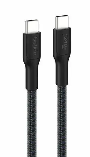 Belkin BoostCharge Pro USB-C to USB-C Braided Cable 240W - 9.8ft/3m - Black - CAB025FQ3MBK Belkin BoostCharge Pro USB-C to USB-C Braided Cable 240W - 9.8ft/3m - Black - CAB025FQ3MBK