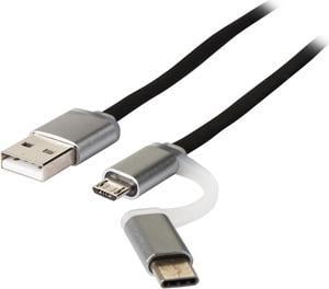 1ST PC CORP. CB-CMU-41B-LE USB Type C + Micro USB 2-in-1 Sync + Charge Cable for cell phones, tablets & other compatible devices, premium flat black cable