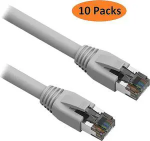Nippon Labs Cat 8 Ethernet Cable 10 ft. - Gray, 2GHz, 40G, 24AWG, S/FTP - Shielded Latest 40Gbps 2000Mhz SFTP Patch Cord, Heavy Duty High Speed Cat8 LAN Network RJ45 Cable - 10 Packs