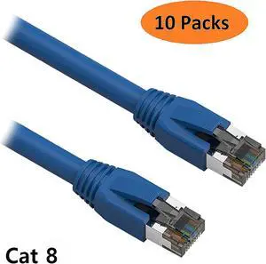 Nippon Labs Cat 8 Ethernet Cable 35 ft. - Blue, 2GHz, 40G, 24AWG, S/FTP - Shielded Latest 40Gbps 2000Mhz SFTP Patch Cord, Heavy Duty High Speed Cat8 LAN Network RJ45 Cable - 10 Packs