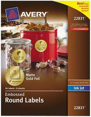 Avery Printable Embossed Foil Round Labels, 2" Diameter, Gold, 96 Customizable Labels (22831)