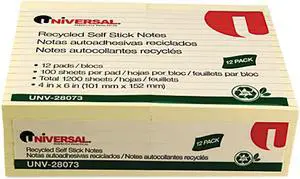 Universal One Recycled Sticky Notes 4 X 6 Lined Yellow; 12 100-Sheet Pads/Pack