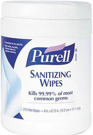 PURELL 911306EA - Sanitizing Hand Wipes, 6 x 6 3/4", White, 270 Wipes/Canister