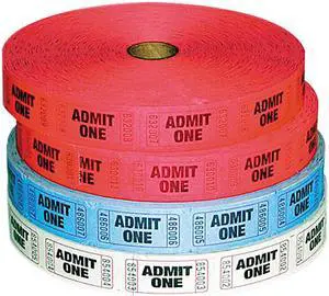 Admit-One Ticket Multi-Pack, 4 Rolls, 2 Red, 1 Blue, 1 White, 2000/Rol