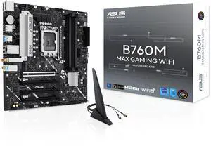 ASUS B760M MAX GAMING WIFI Intel LGA 1700 (14th/13th/12th Gen) mATX Motherboard (DDR5, PCIe 5.0, 3x M.2, WiFi 6, 1Gb LAN, USB 10Gbps, DP/HDMI, Aura Sync) ASUS B760M MAX GAMING WIFI Intel LGA 1700 (14th/13th/12th Gen) mATX Motherboard (DDR5, PCIe 5.0, 3x M.2, WiFi 6, 1Gb LAN, USB 10Gbps, DP/HDMI, Aura Sync)