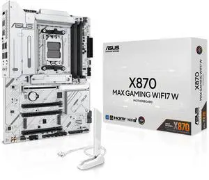 ASUS X870 MAX GAMING WIFI7 W offers DDR5, PCIe 5.0, Triple M.2, Wi-Fi 7, USB4 Type-C, AI Cooling II, Aura Sync, and 12+2+1 Power Stages