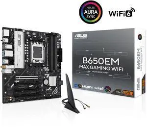 ASUS B650EM MAX GAMING WIFI AMD B650 mATX motherboard, DDR5, PCIe 5.0 Ready, three M.2 slots, WiFi 6, Realtek 1Gb Ethernet, DisplayPort, HDMI, rear USB 10Gbps Type-A & Type-C ports support, Aura Sync