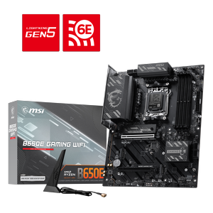 MSI B650E GAMING WIFI AM5 ATX Gaming Motherboard, AMD Ryzen 9000/8000/7000, DDR5 up to 8000 MT/s (OC), PCIe 5.0 x16, 3x M.2 (1x PCIe 5.0), Wi-Fi 6E, Bluetooth 5.3, 2.5G LAN, USB 10Gbps Type-C, HDMI MSI B650E GAMING WIFI AM5 ATX Gaming Motherboard, AMD Ryzen 9000/8000/7000, DDR5 up to 8000 MT/s (OC), PCIe 5.0 x16, 3x M.2 (1x PCIe 5.0), Wi-Fi 6E, Bluetooth 5.3, 2.5G LAN, USB 10Gbps Type-C, HDMI