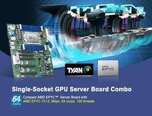 TYAN combo deal, S8030GM2NE-2T ATX Server Motherboard installed AMD Epyc 7C13, 64 cores, 128 threads, 256MB cache, 2.0GHz, 225W. Factory Installed/Tested/Burn-in/Shipped