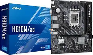 ASRock H610M/ac Intel LGA 1700 (14th/13th/12th Gen) mATX Motherboard (DDR4, PCIe 4.0, Ultra M.2, WiFi 5, Gigabit LAN, HDMI/DP/D-Sub, USB 3.2 Gen1) ASRock H610M/ac Intel LGA 1700 (14th/13th/12th Gen) mATX Motherboard (DDR4, PCIe 4.0, Ultra M.2, WiFi 5, Gigabit LAN, HDMI/DP/D-Sub, USB 3.2 Gen1)