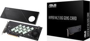 ASUS Hyper M.2 x16 Gen5 Card (PCIe 5.0/4.0) supports four NVMe M.2 (2242/2260/2280/22110) devices up to 512 Gbps for AMD and Intel® platform RAID functions.