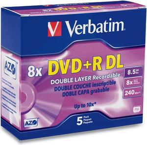 Verbatim 8.5GB 8X(Up to 10X with Compatible High Speed DVD+R DL Drives) DVD+R DL 5 Packs Branded Disc Model 95311