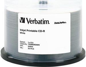 Verbatim CD-R 80MIN 700MB 52X DataLifePlus White Inkjet Printable, Hub Logo, 50pk Spindle