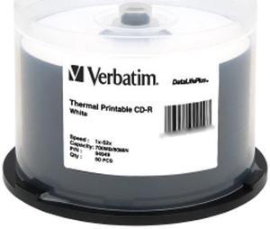 Verbatim CD-R 80MIN 700MB 52X DataLifePlus White Thermal Printable, 50pk Spindle (also Everest & Prism Printer Compatible)