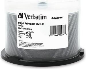 Verbatim 4.7GB 16X DVD-R White Inkjet Printable 50 Packs DataLifePlus Discs Model 95078