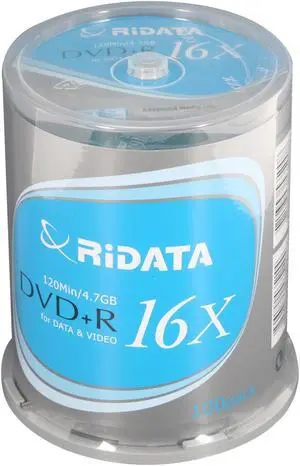 RiDATA 4.7 GB 16X DVD+R 100 Packs Cake Box Model DRD+4716-RDCB1009 RiDATA 4.7 GB 16X DVD+R 100 Packs Cake Box Model DRD+4716-RDCB1009