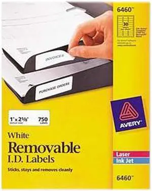 Avery 6460 White Removable ID Labels for Laser and Inkjet Printers 6460, 1" x 2-5/8", Pack of 750