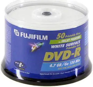 FUJIFILM 4.7GB 8X DVD-R White Inkjet Hub Printable 50 Packs Disc Model 25302487