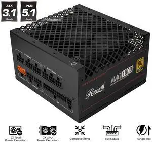 Rosewill VMG 1000W 80+ Gold, ATX 3.0 & 3.1 Compatible, Full Modular Low-Noise Power Supply, PCIe 5.1 12V-2x6 Connector, 100% Japanese Capacitor, 120mm FDB Silent Fan - 5 Year Warranty - VMG1000