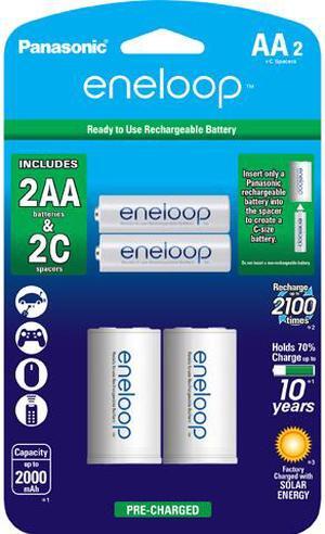 Panasonic Eneloop 2 Pack AA 2000mAh 2100 Cycle Ni-MH Pre-Charged Rechargeable Batteries with 2 Pack C size Spacers