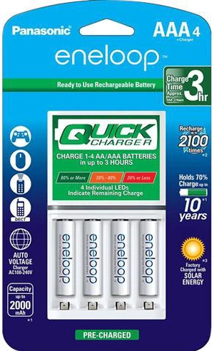 "Advanced" Individual Battery 3 Hour Quick Charger with 4 AAA eneloop Rechargeable Batteries "Advanced" Individual Battery 3 Hour Quick Charger with 4 AAA eneloop Rechargeable Batteries