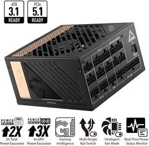 MSI - MEG Ai1300P PCIE5, 80+ PLATINUM Full Modular Gaming PSU, 12V-2x6 Cable, 5080 5090 ATX 3.1 & PCIE 5.1 Ready, 1300W Power Supply, 10 Year Warranty