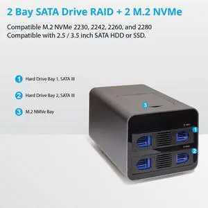 USB 3.2 (10Gbps) Type-C 2 Bay 2.5 Inch and 3.5 Inch SATA Hard Drive + 2 Bay M.2 NMVe Combo External Hard Drive Enclosure - SY-ENC50127