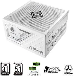 ASRock Steel Legend SL-1200GW 1200W 80 PLUS GOLD & Cybenetics PLATINUM Full Modular Power Supply, ATX3.1 & PCIe5.1 Ready with Dual Color 12V-2x6 Cable, 10 Years Warranty, White Edition