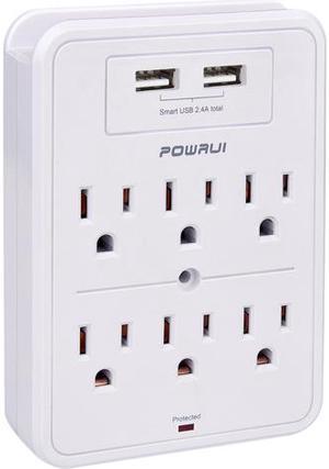 POWRUI Surge Protector, USB Wall Charger with 2 USB Charging Ports (Smart 2.4A Total), 6-Outlet Extender and Top Phone Holder for Your Cell Phone, White, ETL Listed