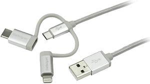 StarTech LTCUB1MGR USB Multi Charger Cable - 1m / 3 ft - USB to USB C / Micro USB / Lightning Cable - USB Charging Cable -  Braided - 1 pack
