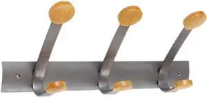 Wooden Coat Hook, Three Wood Peg Wall Rack, Brown/silver