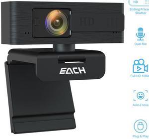 EACH AutoFocus Full HD Webcam with Privacy Shutter 1080P-360 Degree Rotating Webcam-USB Computer Camera for PC Laptop Desktop Mac Video Call