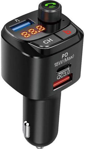Bluetooth 5.0 FM Transmitter for Car, QC3.0+Type-C PD 18W Wireless Bluetooth FM Radio Adapter Bass Sound Music Player FM Car Kit with Hands-free Calling and 3 USB Ports Charger Support USB Drive