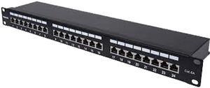 Intellinet Cat6a Shielded Patch Panel, 24-Port, FTP, 1 U, 90Â° Top-Entry Punch-Down Blocks, Black