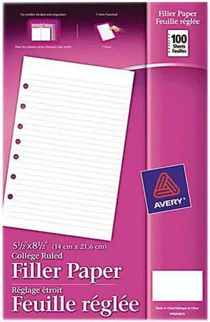 Avery Mini Binder Filler Paper 5-1/2 x 8 1/2 7-Hole Punch College Rule 100/Pack