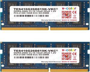 V-COLOR 32GB (2 x 16GB) ECC SO-DIMM DDR4 2666MHz (PC4-21300) for NAS Micro Server/Workstations 2Rx8 CL19 1.2V (TES416G26D819K-VKC)