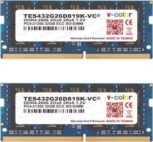 V-COLOR 64GB (2 x 32GB) ECC SO-DIMM DDR4 2666MHz (PC4-21300) for microservers, workstations, Networking Platforms and Embedded Systems 2Rx8 CL19 1.2V (TES432G26D819K-VC)
