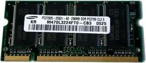 SAMSUNG-Semiconductor 256MB 200-Pin DDR SO-DIMM DDR 333 (PC 2700) Laptop Memory Model M470L3224FT0-CB3 SAMSUNG-Semiconductor 256MB 200-Pin DDR SO-DIMM DDR 333 (PC 2700) Laptop Memory Model M470L3224FT0-CB3