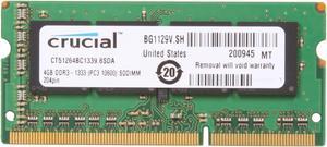 Crucial 4GB 204-Pin DDR3 SO-DIMM DDR3 1333 (PC3 10600) Laptop Memory Model CT51264BC1339