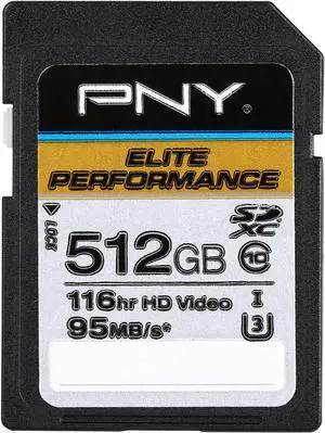 PNY 512GB Elite Performance SDXC UHS-I/U3 Class 10 Memory Card, Speed Up to 95MB/s (P-SDX512U3H-GE)