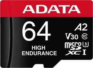 ADATA 64GB High Endurance microSDXC UHSI U3  Class 10 V30 A2 Memory Card with SD Adapter Speed Up to 100MBs AUSDX64GUI3V30SHA2RA1