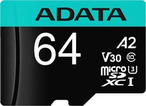 ADATA 64GB Premier Pro microSDXC UHSI U3  Class 10 V30 A2 Memory Card with SD Adapter Speed Up to 100MBs AUSDX64GUI3V30SA2RA1