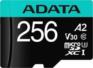 ADATA 256GB Premier Pro microSDXC UHSI U3  Class 10 V30 A2 Memory Card with SD Adapter Speed Up to 100MBs AUSDX256GUI3V30SA2RA1