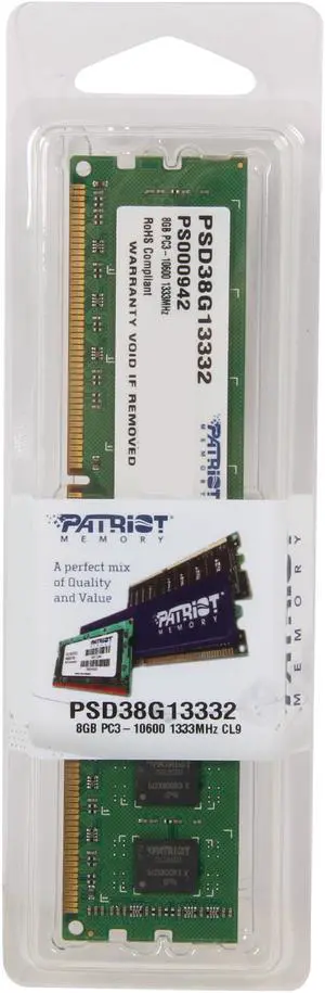 Patriot Signature 8GB DDR3 1333 (PC3 10600) Desktop Memory Model PSD38G13332 Patriot Signature 8GB DDR3 1333 (PC3 10600) Desktop Memory Model PSD38G13332